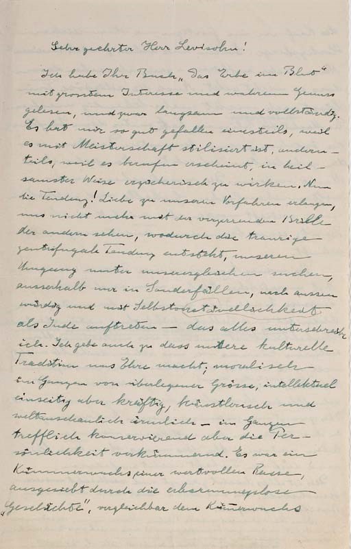 EINSTEIN, Albert (1879-1955). Autograph letter signed ("A. Einstein") to Ludwig Lewisohn, n.p. [Berlin?], n.d. [c.1929]. 2 full pages, large 8vo (220 x 140 mm.), in blue ink. fine. In German.