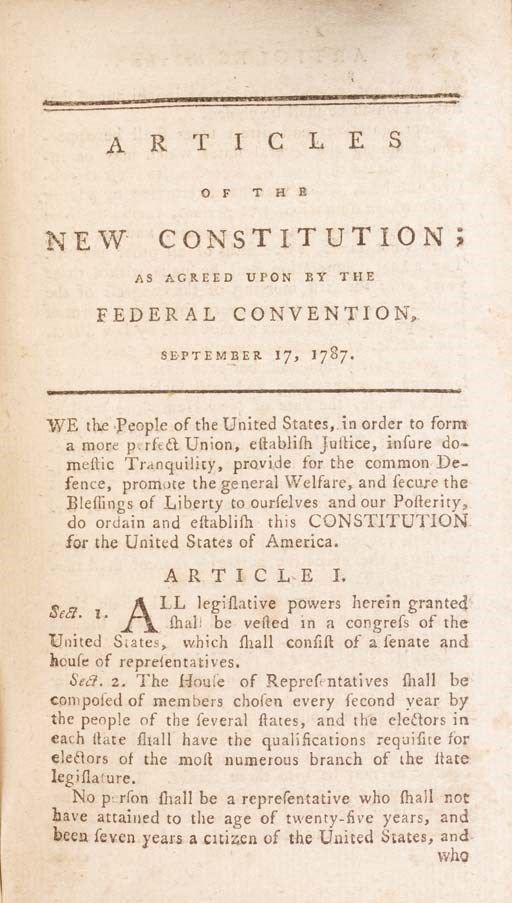 [FEDERALIST PAPERS]. [HAMILTON, ALEXANDER, JAMES MADISON and JOHN JAY]. The Federalist: A Collection of Essays, Written in Favour of the New Constitution, as Agreed Upon by the Federal Convention, September 17, 1787. New York: John and Andrew M'Lean. 1788.