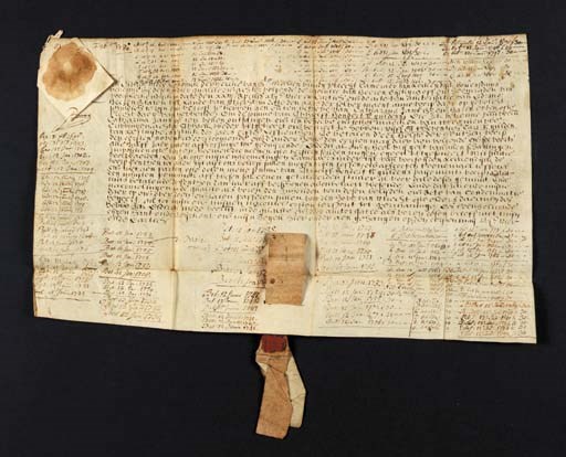 [FINANCIAL HISTORY, STOCKS AND BONDS]. LEKDIJK BOVENDAMS. Document signed by an official ("A. Boote") of the Polder Committee of the Lekdijk Bovendams, CONSTITUTING A BOND FOR 1200 GUILDERS, issued to Catharina Jans' daughter, certifying payment of annual interest, tax-free, to the purchaser and subsequent bond-holders. [Utrecht, Netherlands], 1 May 1634.