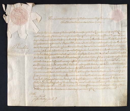 FRANKLIN, Benjamin, Signer, Pennsylvania. Manuscript document signed ("B. Franklin" with flourish) as President of the Supreme Executive Council of Pennsylvania, [Philadelphia], 29 April 1787. 1 page, 340 x 397 mm., ON FINE PARCHMENT, remains of seal at top left corner, bold heading, text in a neat clerical hand, countersigned by James Trimble, docketed on verso. Light stains at top and bottom right corners, otherwise in good condition.