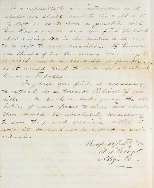 GRANT, Ulysses S. (1822-1885), President. Letter signed ("U.S. Grant"  Maj. Gen."), TO MAJOR GENERAL E.O.C. ORD, Jackson, [Mississippi], 4 October 1862. 2 pages, 4to, slightly browned along folds, otherwise in good condition.