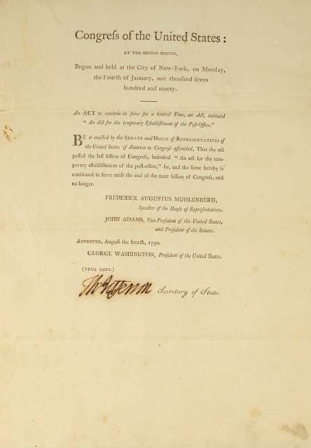 JEFFERSON, Thomas (1743-1826), President. Printed document signed ("Th:Jefferson") as Secretary of the State, a circular letter addressed to an unidentified state Governor or other official, New York, 4 August 1790. 1 page, large folio, integral blank, a few small smudges, extreme edges a bit frayed, otherwise in fine condition.