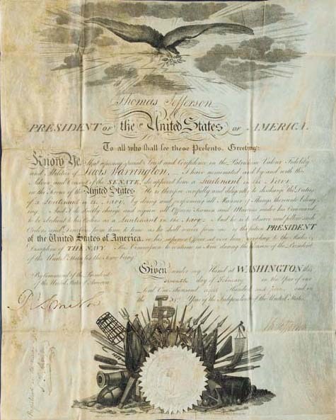 JEFFERSON, Thomas, President. Document signed ("Th. Jefferson") as President, countersigned by Secretary of the Navy Robert Smith (1757-1852), Washington, 7 February 1807. 1 page, folio, 442 x 355mm. (173/8 x 146 in.) PRINTED ON PARCHMENT, finely engraved text, large vignette at top of an American eagle amid clouds and sunbeams with heading "President of the United States," below a complex arrangement of naval weaponry, battle flags, anchors and other maritime paraphernalia, imprint along bottom edge: "Written B. S. Lewis.... Designed & engraved by Akin & Harrison Junr.," accomplished in manuscript, large papered Great seal of the U.S. at lower center, very minor spotting. The President, with the "advice and consent of the Senate" certifies the appointment of Lewis Warrington as a Lieutenant in the Navy.
