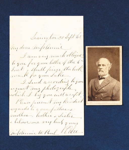 LEE, Robert E., General, C.S.A. Carte-de-visite photograph inscribed and signed on verso, "For  Miss Annie W. Paul, R E  Lee," imprint on back of "Vannerson & Davis, Photographic Artists, No.77 Main Street, Richmond," [Va.]. [post 1864]. 100 x 62mm, including gold-ruled card mount, 2-cent U.S. Internal Revenue stamp, two tiny rust spots at lower left margin, otherwise in excellent condition. A well-known view of Lee from chest up, in uniform, his coat buttons and insignia of rank on collar clearly visible. The photograph, presented to an admirer only five months after the end of the war, was taken in Richmond by J.W. Davies in 1864. It was retouched to eliminate a dangling end of Lee's necktie and in that version was "a favorite with the General and Mrs. Lee; they gave away many autographed copies to solicitous admirers" (Meredith, p.50). Meredith, Face of Robert E. Lee, pp.50-53 (showing only vignetted prints, not the full rectangular image).