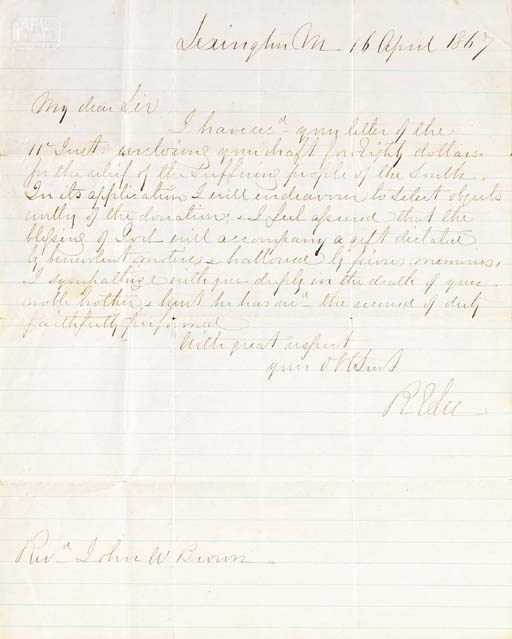 LEE, Robert E., General, C.S.A. Autograph letter signed ("R.E. Lee") to Reverend John W. Brown, Lexington, 16 April 1867. 1 page, 4to, on lined stationery. Fine.