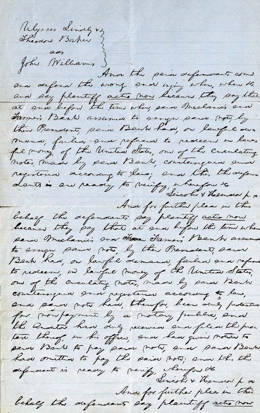 LINCOLN, Abraham (1809-1865), President. Autograph manuscript SIGNED FIVE TIMES ("Lincoln & Herndon"), CONTAINING ABOUT 300 WORDS IN LINCOLN'S HAND, n.p. [Springfield, Illinois?], [filed 31 March 1855]. 1½ pages, folio, 315 x 200mm., in dark ink on light blue legal stationery, slight separation along one horizontal fold, otherwise in extremely fine, fresh condition. Endorsed on verso by Lincoln "Lindley & Baker...."