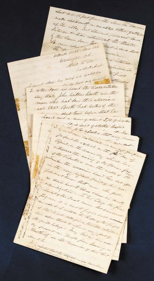 [LINCOLN, ASSASSINATION]. SAWYER, Frederick A. Autograph manuscript signed ("F.A.S."), an eyewitness account of Lincoln's assassination, "Willard's Hotel, Rm. 128, 1 o'clock A.M." (with a later portion dated 1:00 P.M.), Washington D.C., 15 April 1865. 12 pages, 4to, written on versos and rectos of lined paper, minor spotting and a few tape stains at folds, slight nicks to right edges of pages 1 and 2,  with original envelope inscribed by Sawyer "Account of what I saw of the death of Mr. Lincoln written April 15 1865."