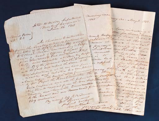 SHERMAN, William Tecumseh (1820-1891), General.  Autograph letter signed ("Sherman") to Dr. James L. Ord, U.S.N. (father of E.O.C. Ord), Santa Barbara, Cal.; Monterey, California, 3 May 1848. 3 1/2 pages, 4to, address panel on page 4. Fine.  -- SHERMAN. Autograph document ("Special Orders No. 21"), signed ("W.T. Sherman 1st Lieut"), Head Quarters, 10th Military Department, Monterey, California, 16 June 1848. 1 full page, 4to, minor edge wear. -- SHERMAN. Autograph document ("Post Orders No.37"), Head Quarters, Monterey, 22 July 1848. 1 full page, 4to, small holes at fold intersections. Together 6 pages, 4to. Together three items, all on pale blue-gray paper.