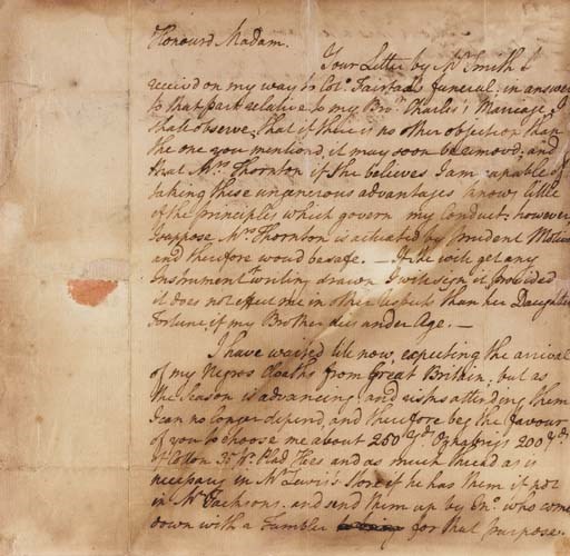 WASHINGTON, George (1732-1799), President. Autograph letter signed ("Go:Washington") TO HIS MOTHER, MARY BALL WASHINGTON, Mount Vernon, 30 September 1757. 1½ pages, 4to, 203 x 158mm., with 47mm. strip of integral blank present with remnants of orange-red wax seal, dampstaining to most of the sheet, not affecting legibility of the text, professionally conserved and with careful, almost invisible reinforcements to some folds where needed.