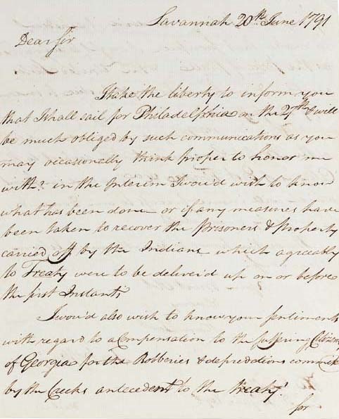WAYNE, Anthony ("Mad Anthony") (1745-1796), General, Continental Army. Autograph letter signed ("Anty. Wayne"), as a Georgia Congressman, to "His Excellency, Edward Telfair" (1705-1837), Governor of Georgia, Savannah, Georgia, 20 June 1791. 2½ pages, 4to, apparently a retained copy by Wayne, with his autograph docket on page 4. Fine condition.