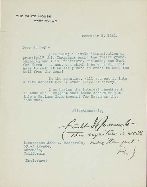 ROOSEVELT, Franklin D. Typed letter signed ("Franklin D. Roosevelt") as President, WITH AUTOGRAPH POSTSCRIPT (signed "Pa") to Lt. John A. Roosevelt, Washington, D.C., 8 December 1942. 1 page, 4to, White House stationery.