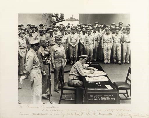 [WORLD WAR II]. NIMITZ, Chester W., Fleet Admiral, U.S. Navy. Photograph inscribed and signed two times ("C.W. Nimitz") TO ELEANOR ROOSEVELT, n.d. [ca. 1945?]. 11 x 13¾ in.), in black wood frame, inscription slightly pale.