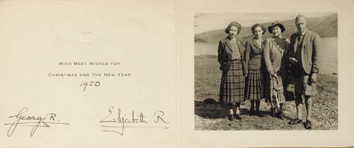 GEORGE VI and QUEEN ELIZABETH. Christmas card TO ELEANOR ROOSEVELT, signed by George VI ("George R") and Queen Elizabeth ("Elizabeth R"), Imprint: London: Raphael Tuck & Sons Ltd., 1950. 4pp, oblong, gold embossed emblem of Royal crown on front cover, contains black and white photograph of the kilted Royal family. GEORGE VI AND QUEEN ELIZABETH TO MRS. ROOSEVELT, printed legend "With Best Wishes for Christmas and the New Year" 1950. The picturesque card depicts four members of the British Royal family, all dressed in traditional Scottish kilts, possibly in the Scottish Highlands. Shown are (from left to right): the present Queen Elizabeth II (then Princess Elizabeth), Princess Margaret Rose, the present Queen Mother (then Queen Elizabeth) and the late King George VI. -- Group of official printed invitations to John A. Roosevelt and his wife Anne to various presidential functions in honour of the official visit of the King and Queen of England, George VI and Queen Elizabeth to the U.S., comprising: invitation to a White House dinner, 8 June 1939 (with cards authorizing admittance into the White House). Invitation to a Garden Party for the Royal couple at the British Embassy (with admission cards). Invitation dated 11 June 1939, to the now famous barbecue picnic at Franklin D. Roosevelt's country retreat in Hyde Park "Top Cottage," (with cards giving parking instructions and passes for entry into the White House, with details of the luncheon). The event received worldwide news coverage. Together 14 items. 	 (14)