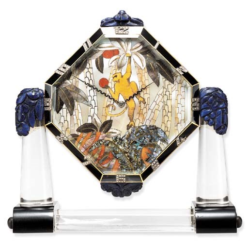 AN ART DECO ENAMEL, MOTHER-OF-PEARL AND ROCK CRYSTAL CLOCK, BY LINZELER & MARCHAK, VACHERON & CONSTANTIN