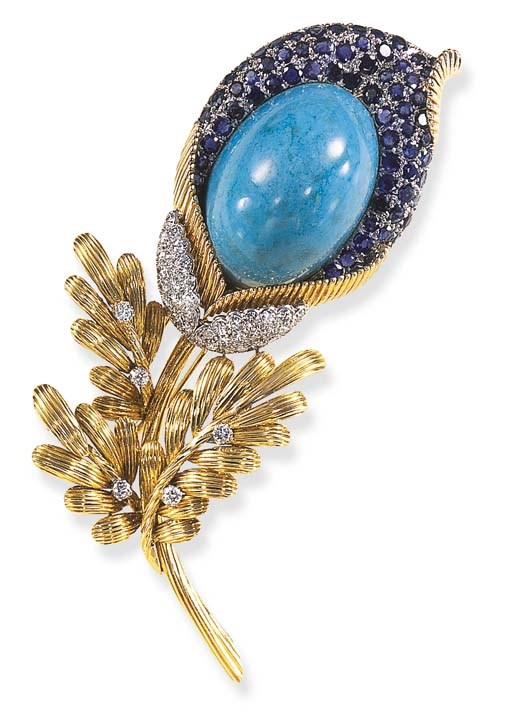 A TURQUOISE, SAPPHIRE AND DIAMOND BROOCH
