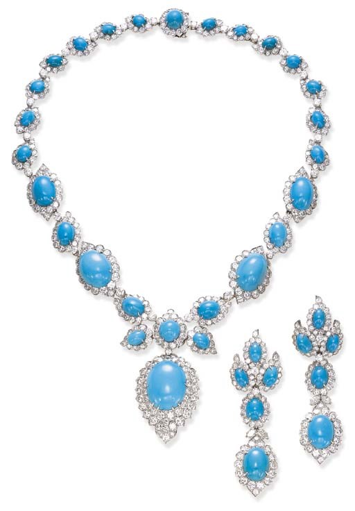 AN ATTRACTIVE SUITE OF TURQUOISE AND DIAMOND JEWELRY, BY DAVID WEBB