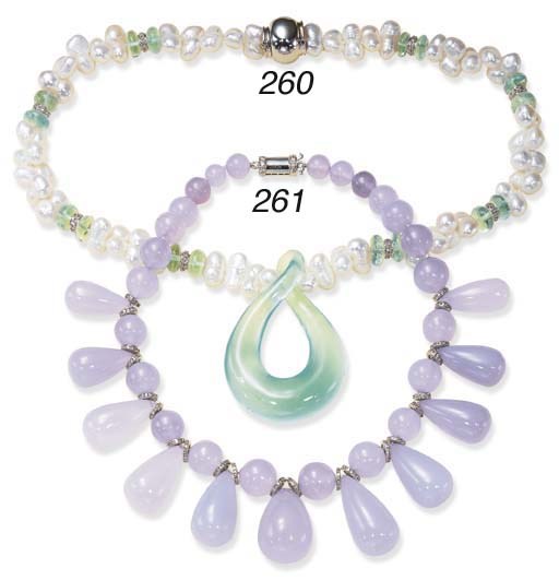 AN AQUAMARINE, FRESHWATER PEARL AND DIAMOND NECKLACE