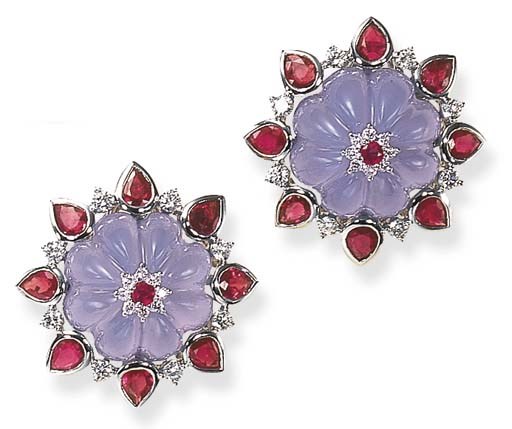 A PAIR OF CHALCEDONY, RUBY AND DIAMOND EAR CLIPS