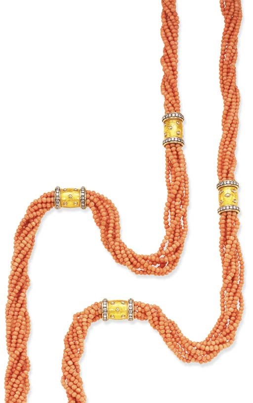 A CORAL BEAD, ENAMEL AND DIAMOND NECKLACE, BY JEAN SCHLUMBERGER