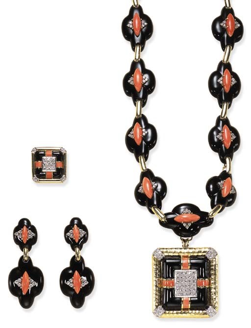 A SUITE OF ONYX, CORAL AND DIAMOND JEWELRY