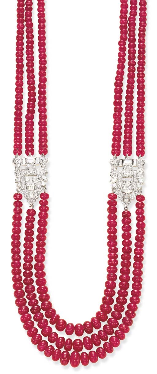 A RUBY BEAD AND DIAMOND NECKLACE