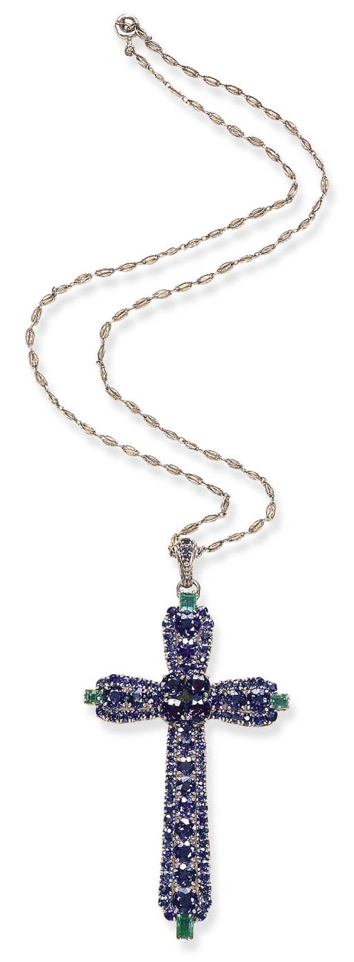 A RARE SAPPHIRE AND EMERALD PENDANT NECKLACE, BY LOUIS COMFORT TIFFANY, TIFFANY & CO.