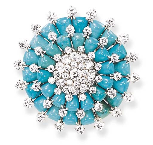 A TURQUOISE AND DIAMOND BROOCH, BY VAN CLEEF & ARPELS
