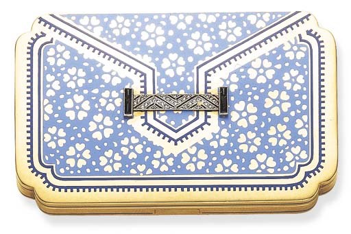 AN ART DECO ENAMEL, DIAMOND AND GOLD COMPACT, BY CARTIER