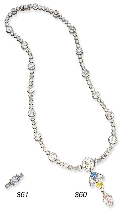 AN ELEGANT DIAMOND AND BLUE, YELLOW, AND FANCY BROWN-PINK DIAMOND NECKLACE
