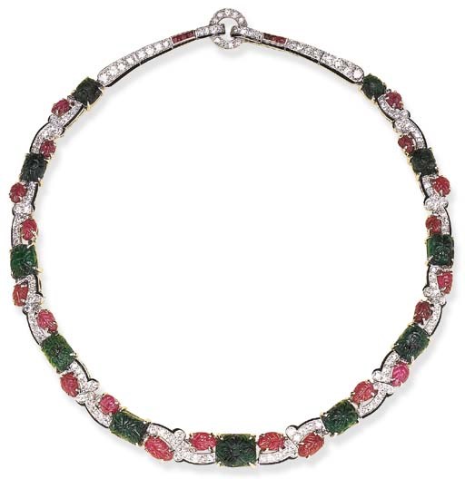 A RARE ART DECO EMERALD, RUBY AND DIAMOND "TUTTI FRUTTI" NECKLACE, BY CARTIER