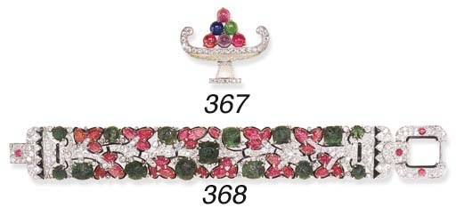 AN ELEGANT ART DECO EMERALD, RUBY AND DIAMOND "TUTTI FRUTTI" BRACELET, BY CARTIER