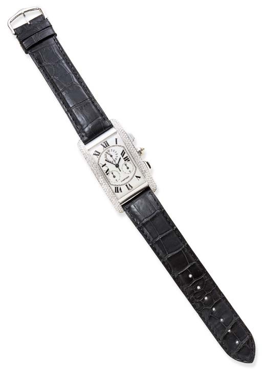 A DIAMOND AND 18K WHITE GOLD "TANK AMERICAINE" CHRONOGRAPH WRISTWATCH, BY CARTIER