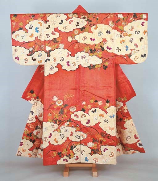 Noh costume (nuihaku) with butterflies in cloud bands and autumn flowers