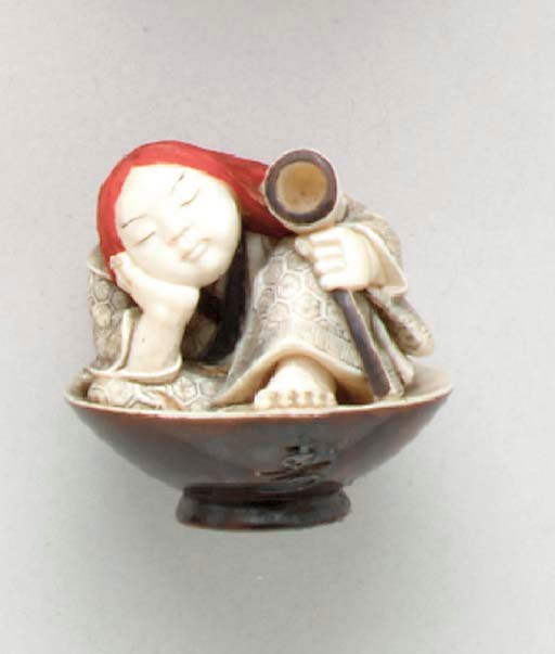 Three Colored Ivory Netsuke and One Wood and Ivory Netsuke**