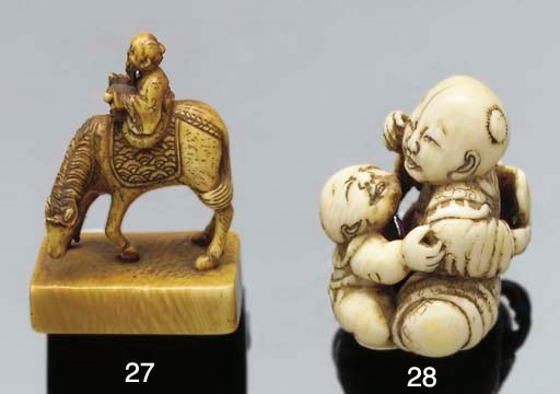 A Japanese ivory netsuke of a horse and rider, 19th Century