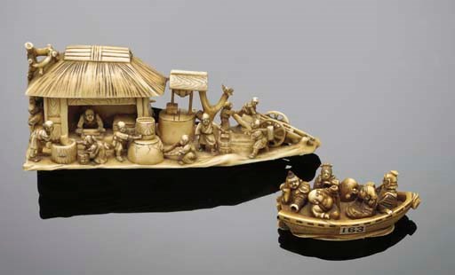 A Japanese ivory okimono of a hut, 19th century