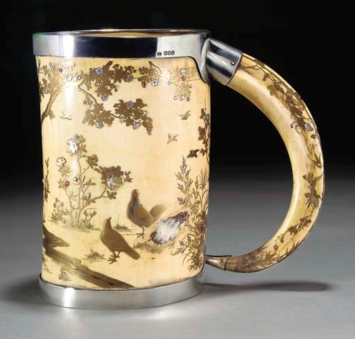 A Japanese silver mounted ivory shibayama tankard, 19th Century
impressed English hallmarks, F.Elkington, London 1896.