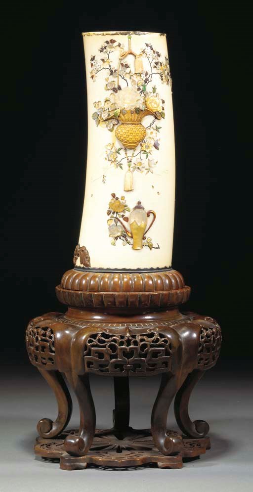A Japanese shibayama tusk vase, Meiji period