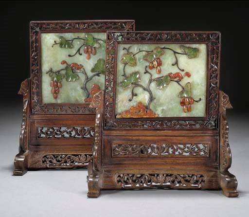 A pair of Chinese embellished hardstone and wood table screens, 19/20th Century
