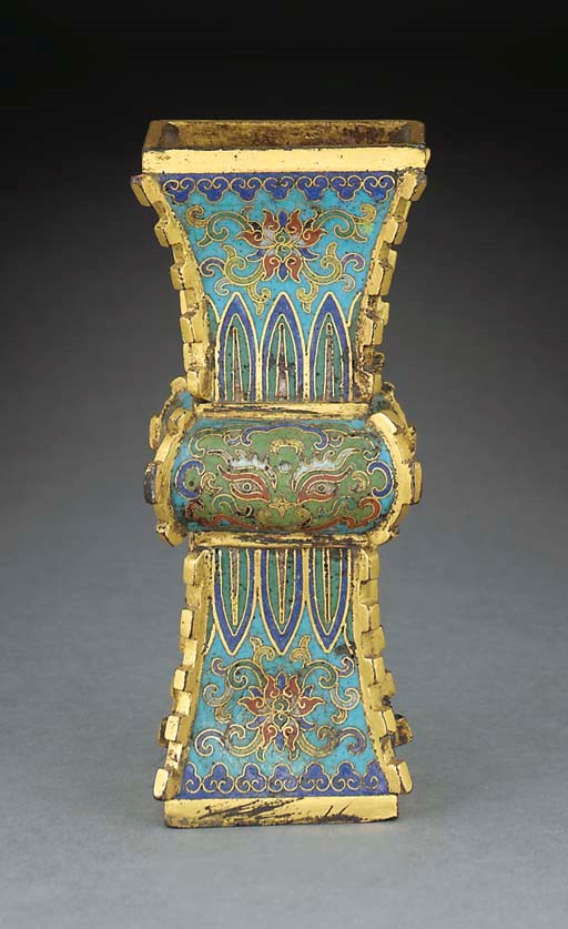 A Chinese cloisonne and gilt-bronze gu vase, Incised Qianlong four character mark and of the period