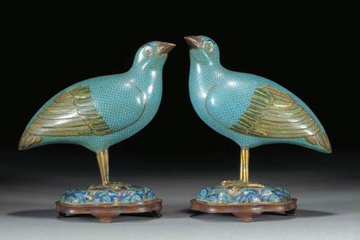 A pair of Chinese cloisonne models of birds, 19th Century