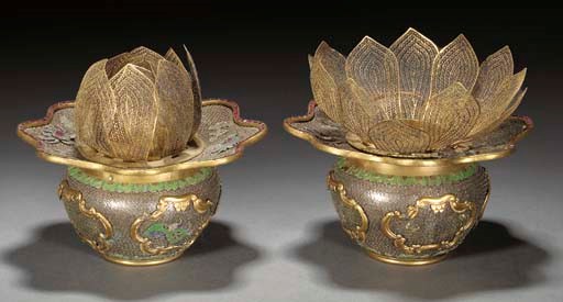 A pair of Chinese silver gilt filigree and enamelled censers, 18/19th Century