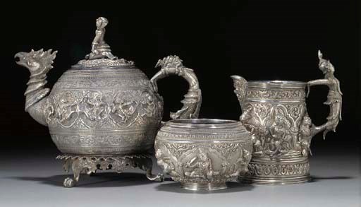 A Burmese silver three piece tea-set, 19/20th Century