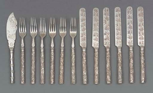 Six pairs of Chinese silver knives and forks, 20th Century