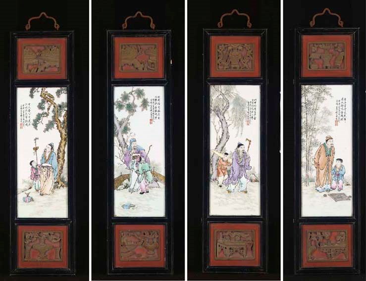 A Chinese porcelain inset four-fold wall panel, early 20th Century