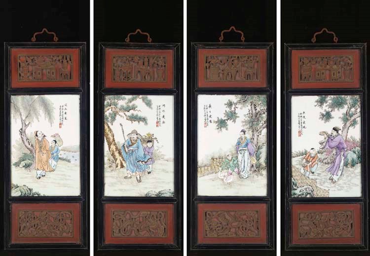 A Chinese porcelain inset four-fold wall panel, early 20th Century