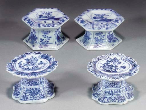 A related pair of Chinese blue and white hexagonal salts, Kangxi