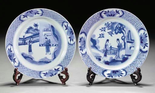 Four similar Chinese blue and white plates, Kangxi
