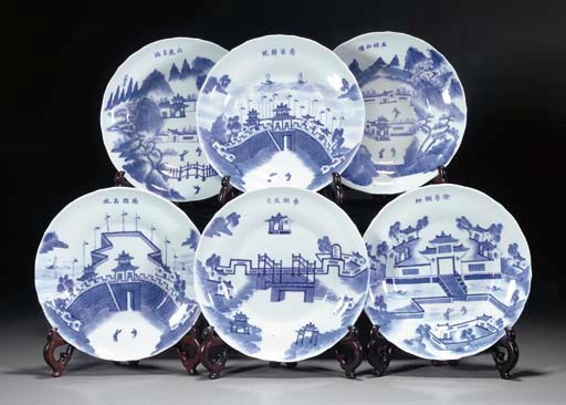 A set of six Chinese blue and white shaped dishes, 19th century