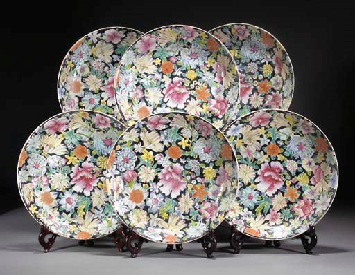 A set of six Chinese famille rose millefiore dishes, 19th/20th century